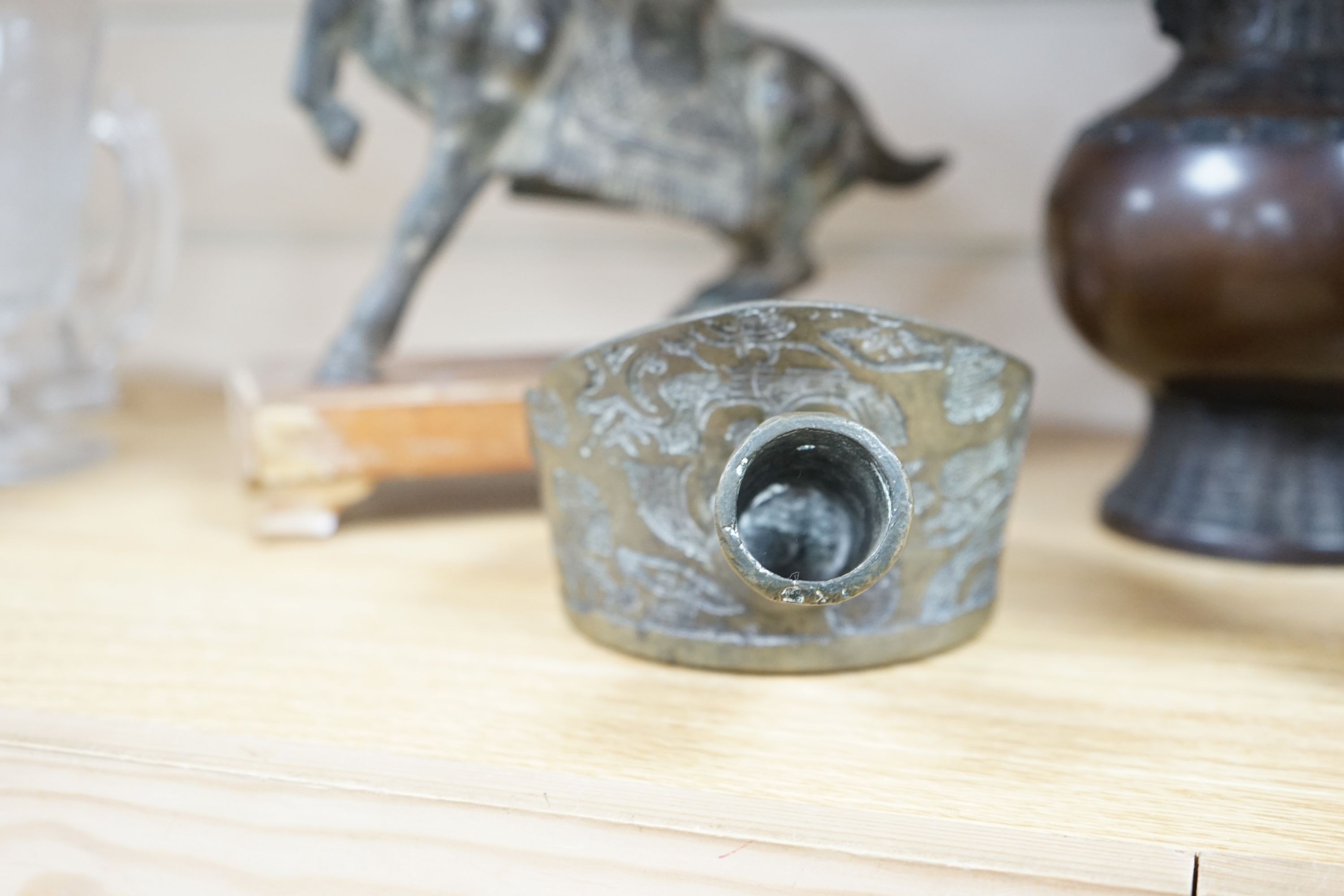 Two Tang style horses and other Asian metalware 29cm